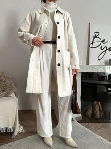 EURMUSE Women's Notched Lapel Single Breasted Woolen Coat - White - View 5