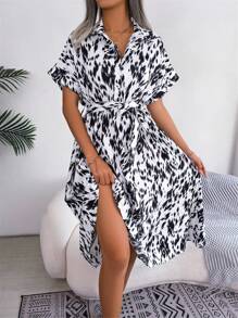 Spring/Summer New Casual Loose Leopard Print Drawstring Short Sleeve Dress - White - View 5