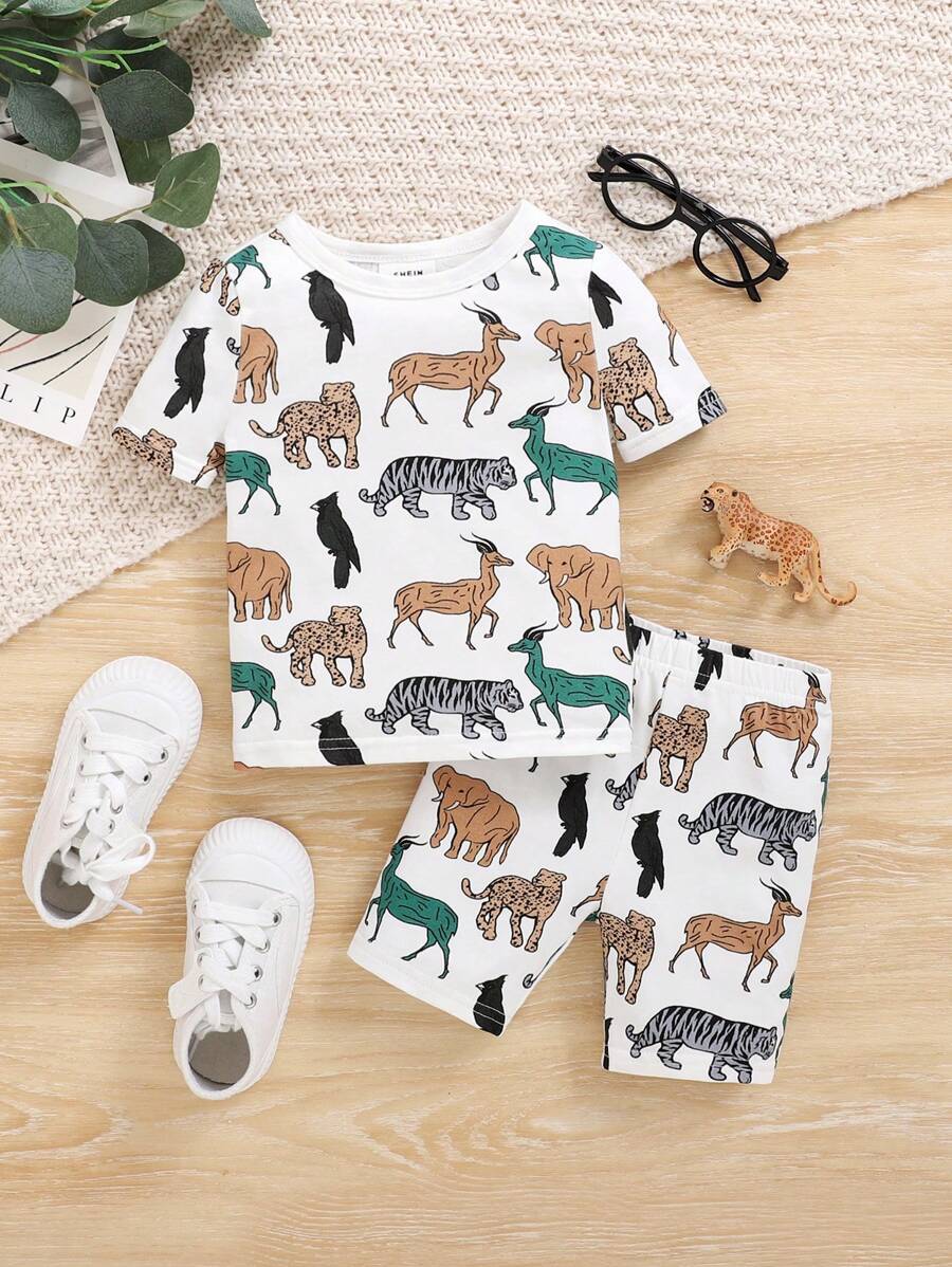 SHEIN 嬰兒男孩休閒老虎山羊大象豹紋短袖圓領上衣和短褲套裝,緊身家居服2件組 - 彩色 - 查看 1