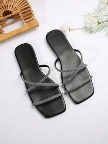 Black Thin Strap Rhinestone Multi-Strap Sandals, New Summer Women's French Fashion Versatile Slides - Black - View 3
