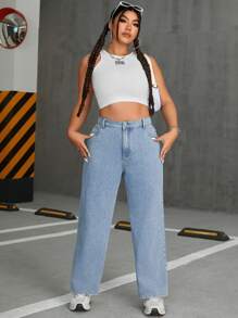 SHEIN ICON Plus Size Solid Color High Waisted Jeans - Light Wash - View 4