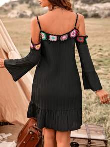Breezaya Vestido de playa para vacaciones con hombros abiertos, estilo boho de encaje de ganchillo y cinta trenzada para mujer - Negro - Ver 2
