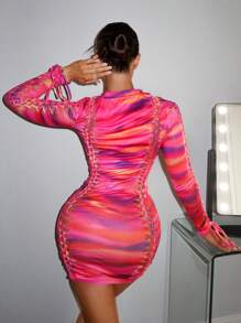 SHEIN SXY Ladies' Tie Dyeing Printed Hollow Out Cross Front Bodycon Dress With Straps - Multicolor - View 2