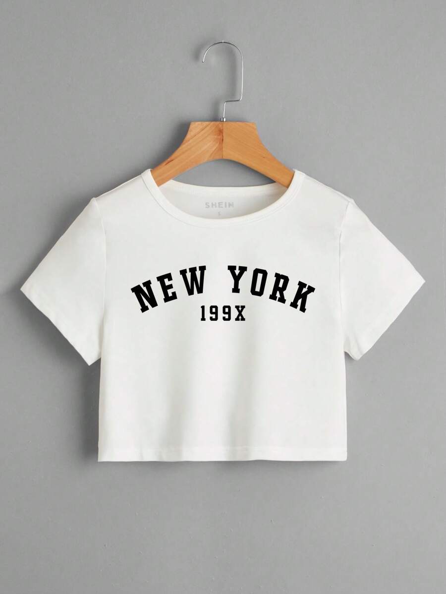 INAWLY 字母图案短款 T 恤 图案 T 恤 女式上衣 - 白色 - 查看 1