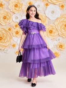 SHEIN Vestido elegante para niña preadolescente de color morado con dobladillo con volantes - Morado - Ver 2