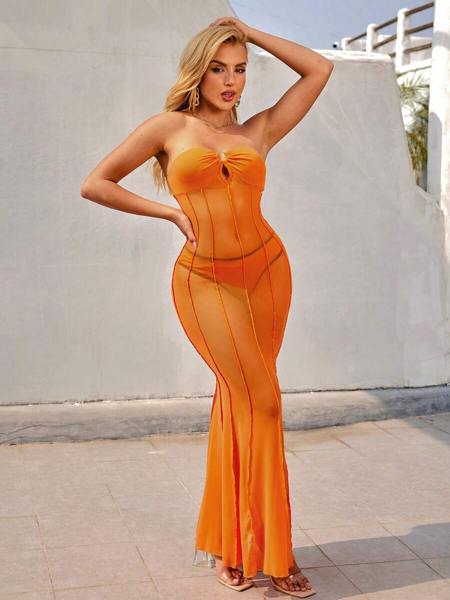 Zolique 外露拼接無肩帶魚尾裙 - 黃色 - 查看 1