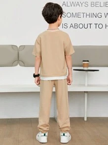 SHEIN Teenage Boys' Casual Two-Piece Set Including 2 In 1 T-Shirt And Long Pants With Weaving Label, Leisure Style - Multicolor - View 2