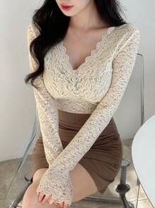 DAZY Women's Solid Color Lace Top With Scalloped Hem Going Out Tops Long Sleeve Women Tops - Beige - View 1