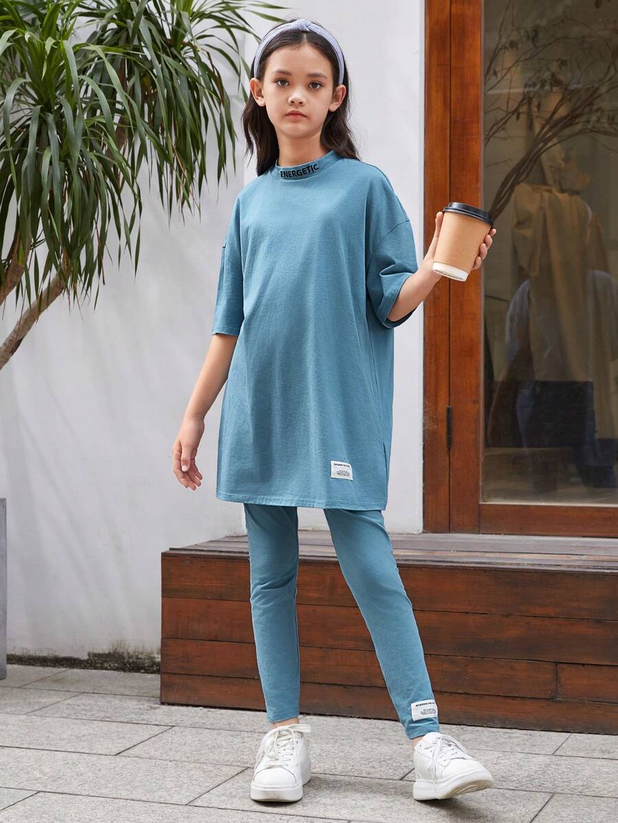 SHEIN 兒童女孩寬鬆休閒字母印花上衣和褲子套裝 - 藍色 - 查看 1
