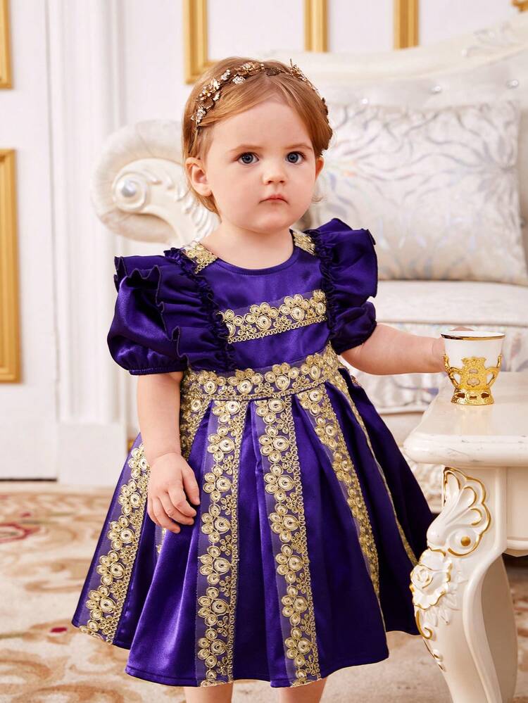 Baby Girl Gorgeous Elegant Color Block Short Sleeve Dress With Golden Lace & Ruffle Hem