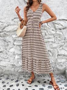 SHEIN Clasi Vestido de mujer sin mangas con estampado geométrico y bajo con volantes, atuendo de mujer maxi