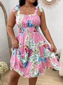 Flirla Vestido Camisola Con Hombros Descubiertos Y Estampado Floral De Patchwork De Talla Grande - Multicolor - Ver 5