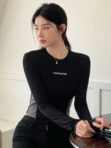 DAZY Women's Colorblock Letter Printed T-Shirt,Fall Clothes Long Sleeve Women Tops Crop Women Tops Cute Tops - Black - View 9