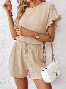 SHEIN Essnce Women's Solid Color Round Neck Short Sleeve Top And Shorts Set - Apricot - View 4