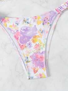 SHEIN Swim 夏季海滩女士两件套比基尼套装，花卉印花荷叶边，假日海滩泳装狂欢节 - 彩色 - 查看 5