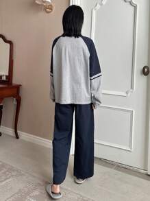 DAZY Ladies' Contrast Insert Raglan Long Sleeve Top & Pants Set With Letter Printed For Home Wear Pajama - Navy Blue - View 2