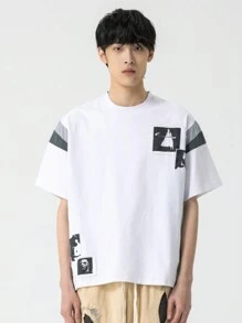 男士色塊字母印花T恤，簡約純色設計XINYINSU - 白色 - 查看 1