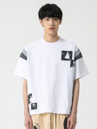 Men Color Blocking Character Printing T-Shirt Simple Solid Color XINYINSU