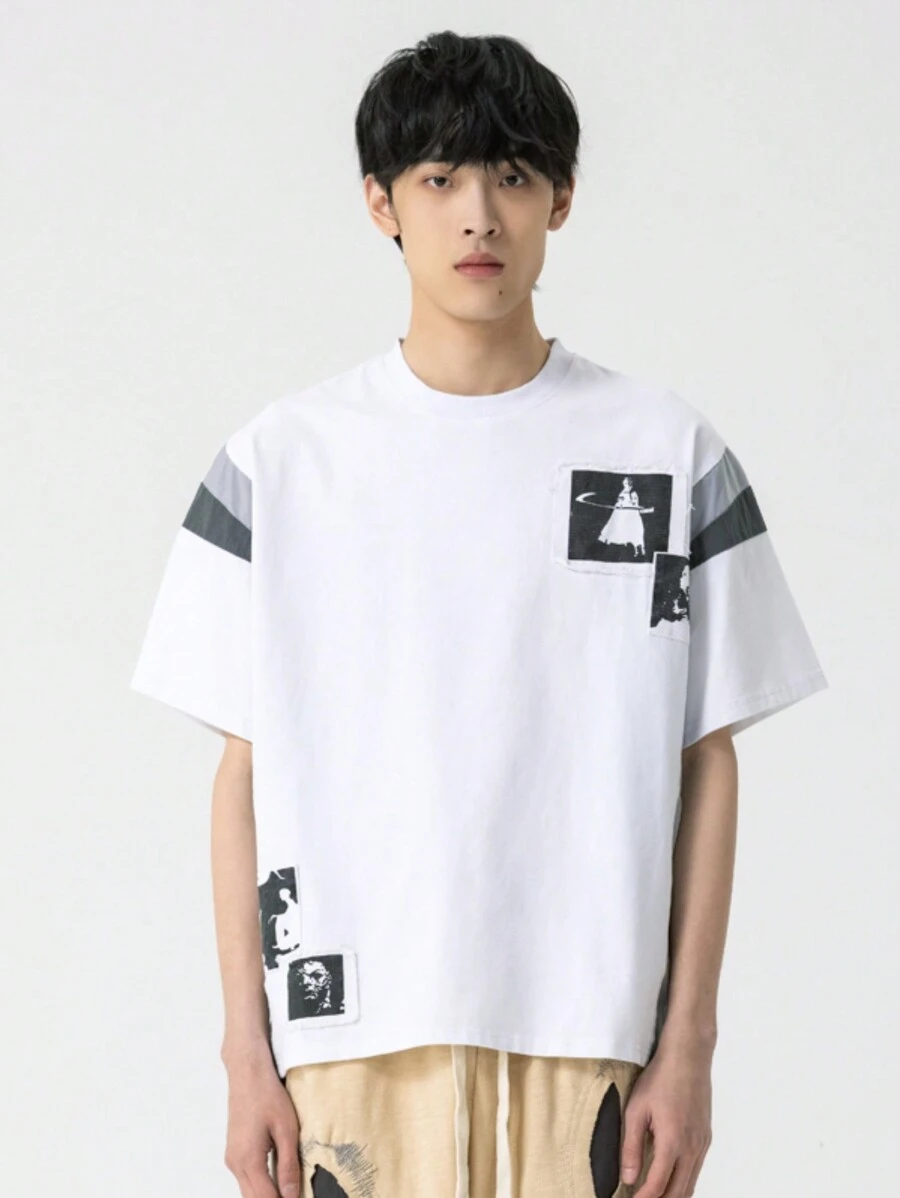 男士色塊字母印花T恤，簡約純色設計XINYINSU - 白色 - 查看 1