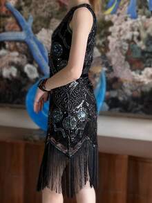 ANGEL FASHIONS 女式 20 世纪 20 年代复古 V 领闪光流苏鸡尾酒裙 - 彩色 - 查看 4