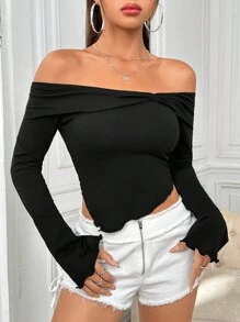 SHEIN ICON Màu thuần Viền bất đối xứng Off-shoulder Áo thun - Nhiều màu - Xem 1