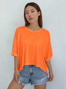 SHEIN EZwear Áo thun dệt kim viền bất đối xứng dành cho nữ - trái cam - Xem 4