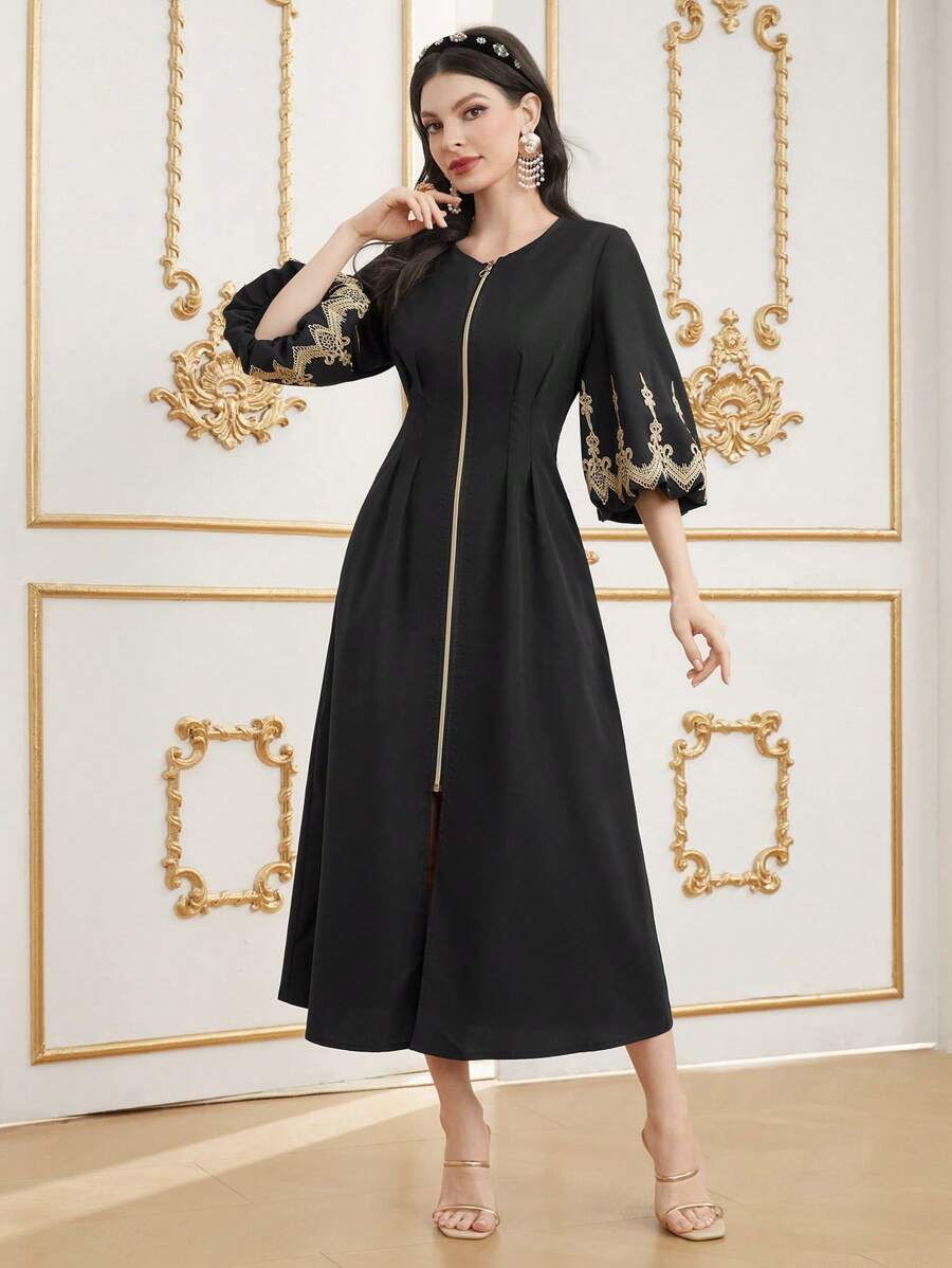 Modelyn 女士前拉链褶裥长款晚礼服 - 黑色 - 查看 1