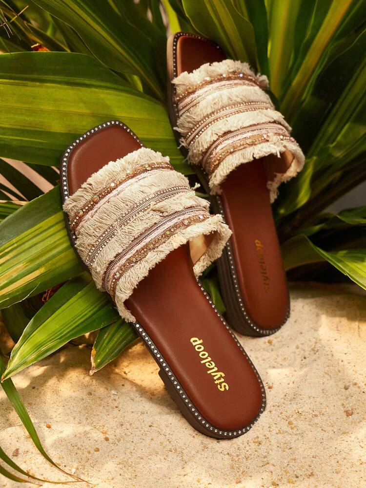 Women's Stylish Bohemian Style ComfortableBeach Sandals, Open Toe, Tassels, Easy To Put On, Suitable For Outdoor Wear Flat Sandals