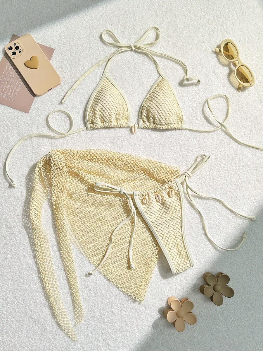 Swim Mod Bộ Bikini Halter Hollow Out dành cho nữ đi biển mùa hè Valentine - Màu be - Xem 1