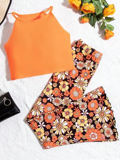 SHEIN Tween Girls' Solid Color Tank Top And Floral Print Pants Two Pieces Set