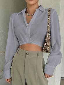 DAZY Camisa De Manga Larga Corta De Un Solo Color - Gris - Ver 3