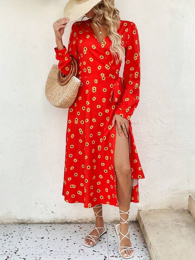 Women's Floral Print Wrap Front Self Tie Slit Dress Fall Cloth For Women