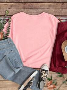 適合夏季的少女休閒彩虹圖案短袖T恤 - 粉色 - 查看 2