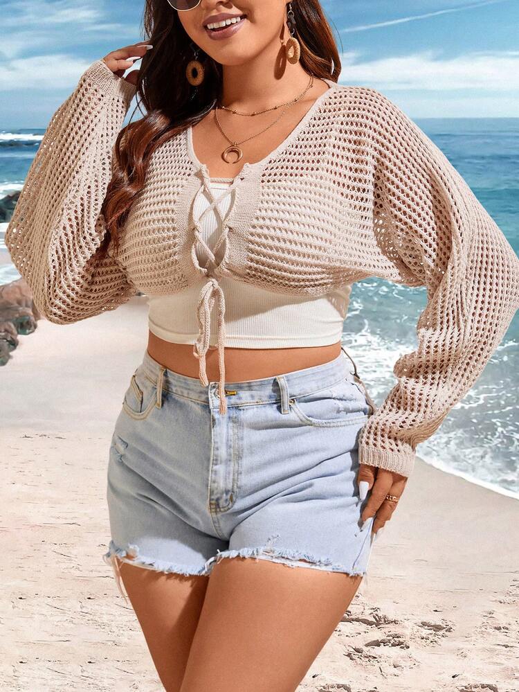 Plus Size Women's Tie-Up Long Sleeve Hollow Out Cardigan