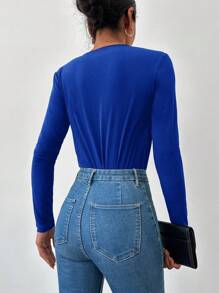 EURMUSE Solid Plunging Neck Bodysuit - Navy Blue - View 2