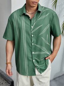 Manfinity RSRT Camisa Abierta De Botón De Manga Corta Con Estampado De Hojas Para Hombre - Verde - Ver 6