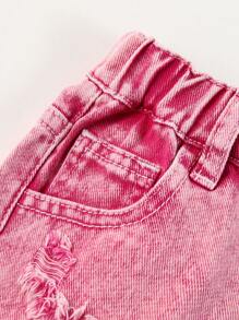 SHEIN Young Girls' Distressed Frayed Hem Denim Shorts, School, Campus, College - Baby Pink - View 4