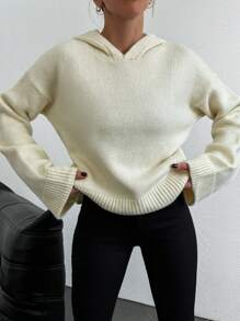 EURMUSE Women's Solid Color Hooded Loose Sweater With Dropped Shoulders - White - View 4