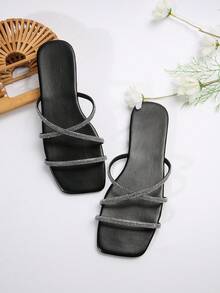 Black Thin Strap Rhinestone Multi-Strap Sandals, New Summer Women's French Fashion Versatile Slides - Black - View 6