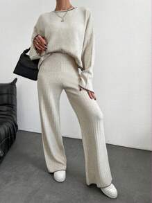 EURMUSE Drop Shoulder Sweater & Knit Pants - Khaki - View 1