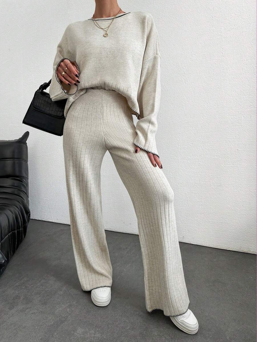 EURMUSE Drop Shoulder Sweater & Knit Pants - Khaki - View 1