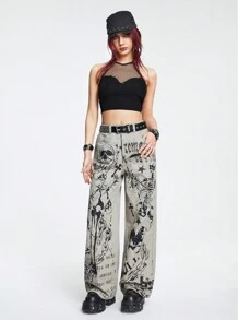 ROMWE Grunge Punk 女款骷髏頭&字母印花牛仔褲 - 杏色 - 查看 2