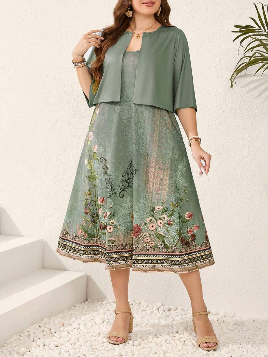 EMERY ROSE Plus Size Women's Sage Green Summer Floral Print Jacket & Camisole Dress 2pc Set,Modest Curve Outfits For Party,Wedding Guest,Vacation Boho Outfits - Green - View 1