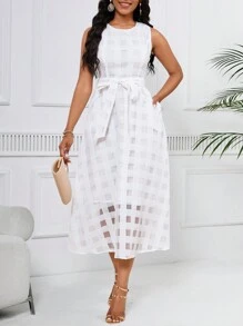 SHEIN Lady Women's Sleeveless Round Neck Pocket Shift Dress - White - View 1