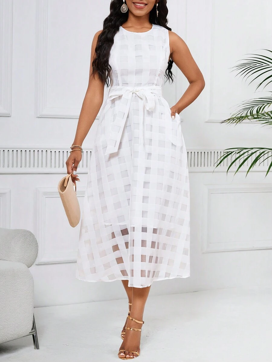 SHEIN Lady Women's Sleeveless Round Neck Pocket Shift Dress - White - View 1