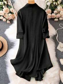 EMERY ROSE Solid Color Roll-Up Sleeve Button-Front Shirt Dress - Black - View 2