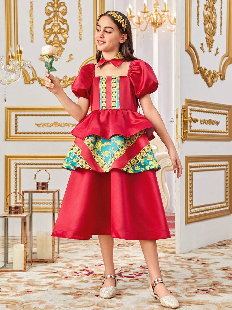 Tween Girl Luxurious Traditional Color Block A-Line Midi Dress With Elegant Design