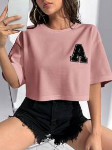 SHEIN EZwear 女士圓領垂墜肩針織t恤 - 藕粉色 - 查看 3