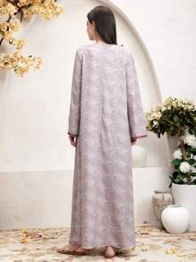 Al Najma Contrast Color Embroidered Applique Notched-Neck Long Sleeve Kaftan With Slit Hem, Modest - Multicolor - View 2