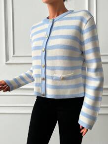 EURMUSE Vertical Striped Button Up Cardigan - Baby Blue - View 4